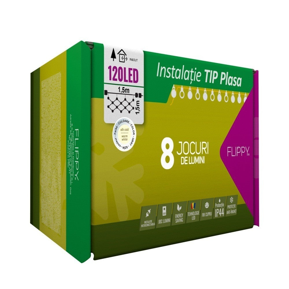 Instalatie Craciun, Tip Plasa, 1.5 m x 1.5 m, 120 LED-uri, Alb cald, 8 jocuri de lumini, Transformator cu telecomanda, Interconectabila, Prelungitor 3 m inclus, Fir transparent, Vivimall - vivimall.ro