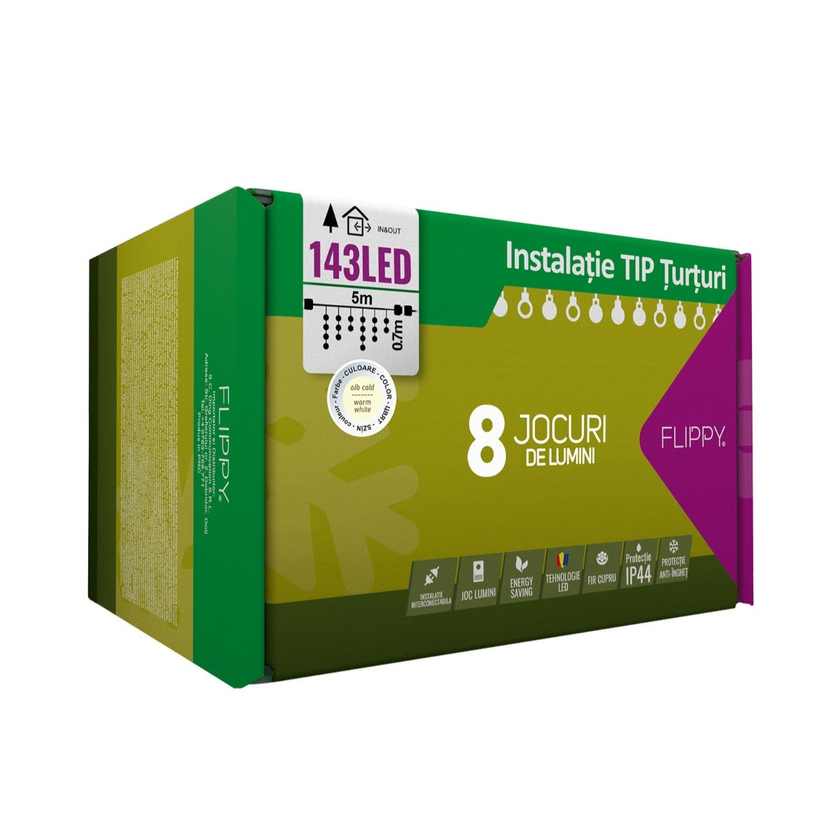 Instalatie Craciun Turturi, Ip44, 5 M, 143 Led-Uri,Perdea Franjurata, Alb Cald, 8 Jocuri De Lumini, Transformator 31 V, Putere 9 W, Interconectabila, Interior/Exterior, Prelungitor 5 M Inclus, Fir
