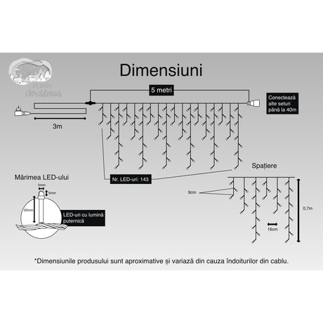 Instalatie Craciun Turturi, Ip44, 5 M, 143 Led-Uri,Perdea Franjurata, Rece, 8 Jocuri De Lumini, Transformator 31 V, Putere 9 W, Interconectabila, Interior/Exterior, Prelungitor 3 M Inclus, Fir