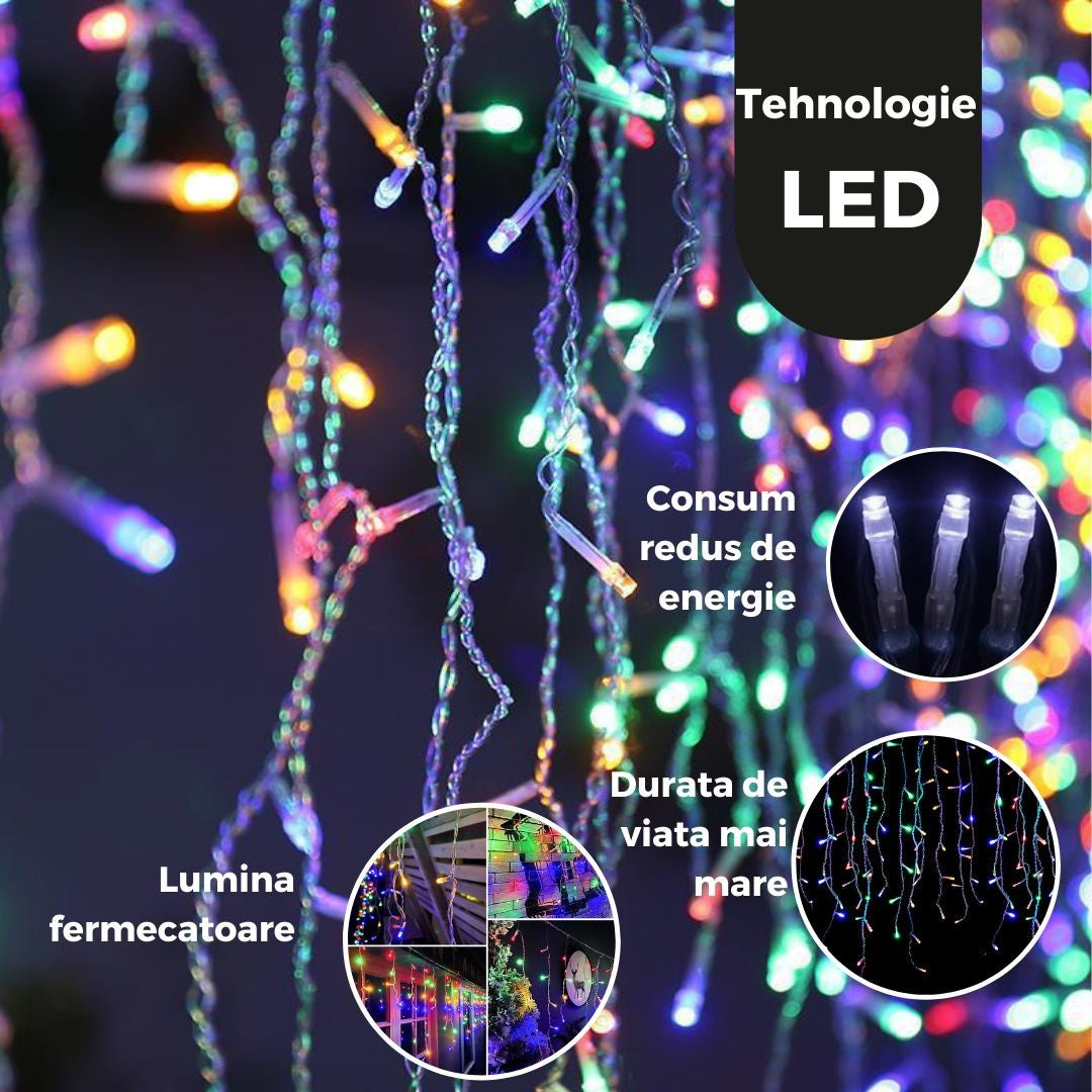 Instalatie Craciun Yoto, Tip Franjuri/Turturi, 12 M, 300 Led-Uri, Prelungitor 1.5 M, 8 Jocuri De Lumini, Interconectabila, Conectare La Retea, Fir, Interior/Exterior, Multicolor - vivimall.ro