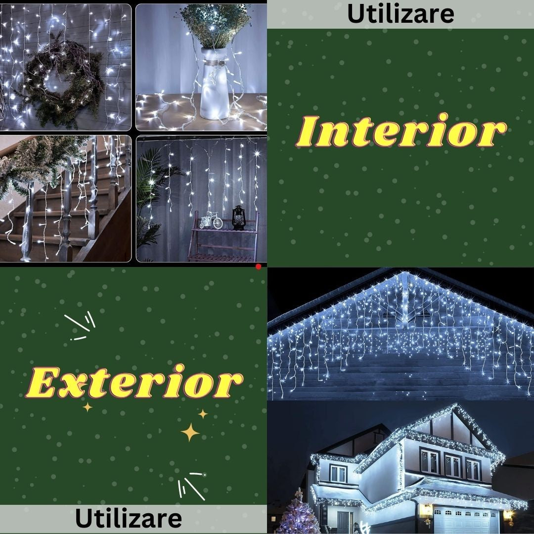 Instalatie Craciun Yoto, Tip Franjuri/Turturi, 12 M, 300 Led-Uri, Prelungitor 1.5 M, 8 Jocuri De Lumini, Interconectabila, Conectare La Retea, Fir, Interior/Exterior, Alb Rece - vivimall.ro