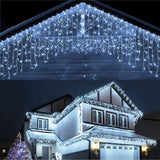 Instalatie Craciun Yoto, Tip Franjuri/Turturi, 12 m, 300 LED-uri, Prelungitor 1.5 m, 8 Jocuri de Lumini, Interconectabila, Conectare la Retea, Fir transparent, Interior/Exterior, Alb Rece - vivimall.ro