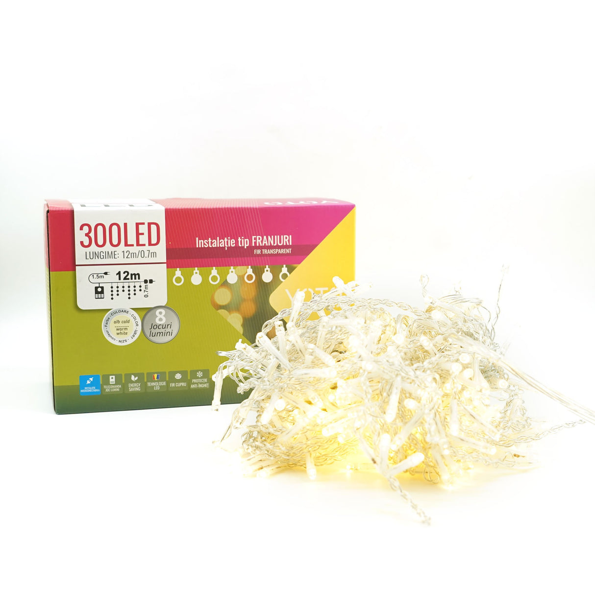 Instalatie Craciun Yoto, Tip Franjuri/Turturi, 12 m, 300 LED-uri, Prelungitor 1.5 m, 8 Jocuri de Lumini, Interconectabila, Conectare la Retea, Fir transparent, Interior/Exterior, Alb Cald - vivimall.ro
