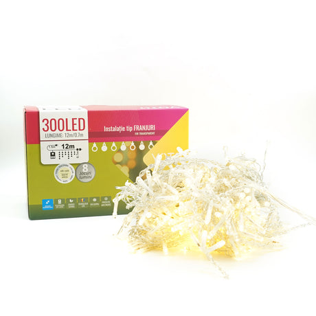 Instalatie Craciun Yoto, Tip Franjuri/Turturi, 12 m, 300 LED-uri, Prelungitor 1.5 m, 8 Jocuri de Lumini, Interconectabila, Conectare la Retea, Fir transparent, Interior/Exterior, Alb Cald - vivimall.ro