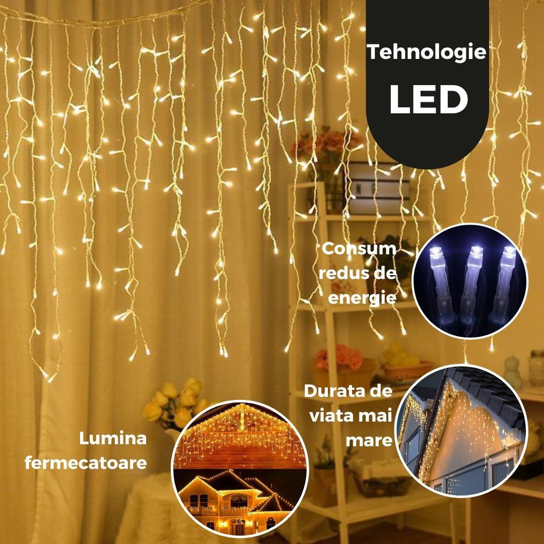 Instalatie Craciun Yoto, Tip Franjuri/Turturi, 12 M, 300 Led-Uri, Prelungitor 1.5 M, 8 Jocuri De Lumini, Interconectabila, Conectare La Retea, Fir, Interior/Exterior, Alb Cald - vivimall.ro