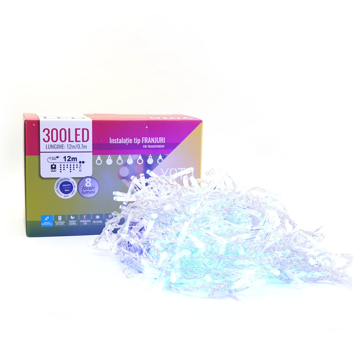 Instalatie Craciun Yoto, Tip Franjuri/Turturi, 12 M, 300 Led-Uri, Prelungitor 1.5 M, 8 Jocuri De Lumini, Interconectabila, Conectare La Retea, Fir, Interior/Exterior, Albastru - vivimall.ro