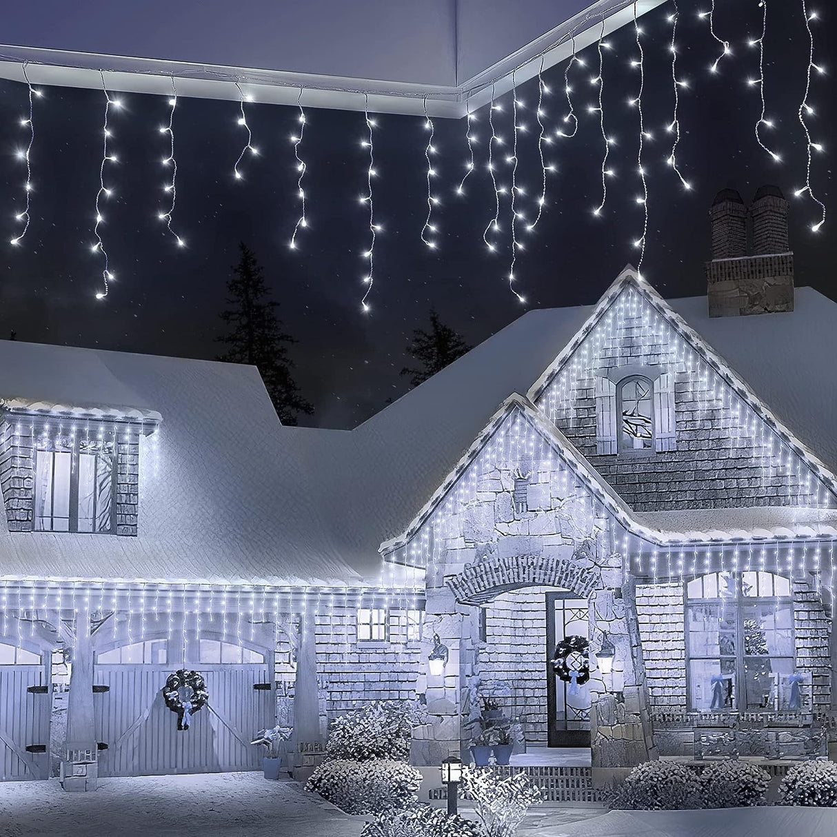 Instalatie Craciun Yoto, Tip Franjuri/Turturi, 4 M, 120 Led-Uri, Prelungitor 1.5 M, 8 Jocuri De Lumini, Interconectabila, Conectare La Retea, Fir, Interior/Exterior, Alb Rece - vivimall.ro