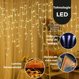 Instalatie Craciun Yoto, Tip Franjuri/Turturi, 4 m, 120 LED-uri, Prelungitor 1.5 m, 8 Jocuri de Lumini, Interconectabila, Conectare la Retea, Fir transparent, Interior/Exterior, Alb Cald - vivimall.ro