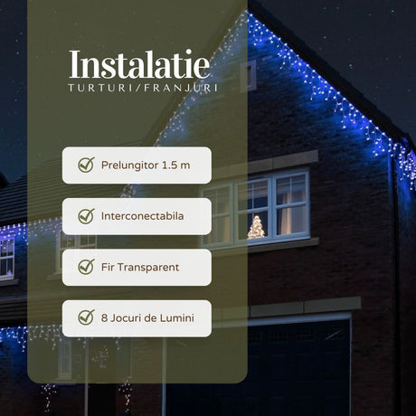 Instalatie Craciun Yoto, Tip Franjuri/Turturi, 4 M, 120 Led-Uri, Prelungitor 1.5 M, 8 Jocuri De Lumini, Interconectabila, Conectare La Retea, Fir, Interior/Exterior, Albastru - vivimall.ro