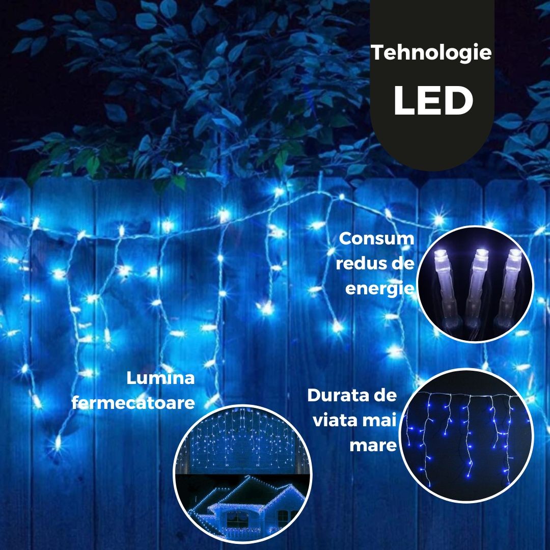 Instalatie Craciun Yoto, Tip Franjuri/Turturi, 4 m, 120 LED-uri, Prelungitor 1.5 m, 8 Jocuri de Lumini, Interconectabila, Conectare la Retea, Fir transparent, Interior/Exterior, Albastru - vivimall.ro