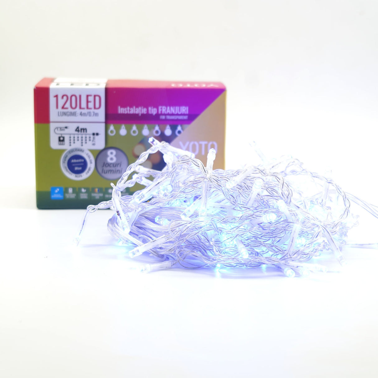 Instalatie Craciun Yoto, Tip Franjuri/Turturi, 4 M, 120 Led-Uri, Prelungitor 1.5 M, 8 Jocuri De Lumini, Interconectabila, Conectare La Retea, Fir, Interior/Exterior, Albastru - vivimall.ro