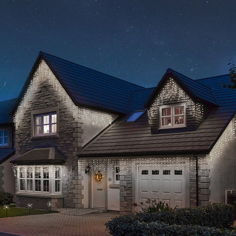 Instalatie Craciun Yoto, Tip Franjuri/Turturi, 4 m, 120 LED-uri, Prelungitor 1.5 m, 8 Jocuri de Lumini, Interconectabila, Conectare la Retea, Fir transparent, Interior/Exterior, Alb Rece - vivimall.ro