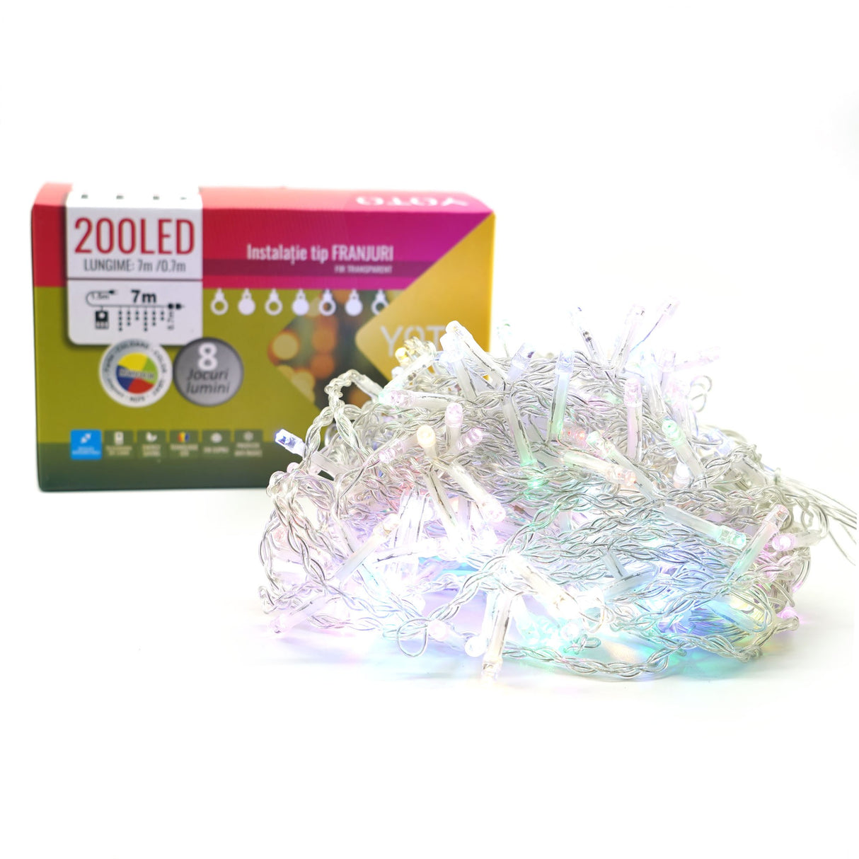 Instalatie Craciun Yoto, Tip Franjuri/Turturi, 7 M, 200 Led-Uri, Prelungitor 1.5 M, 8 Jocuri De Lumini, Interconectabila, Conectare La Retea, Fir, Interior/Exterior, Multicolor - vivimall.ro