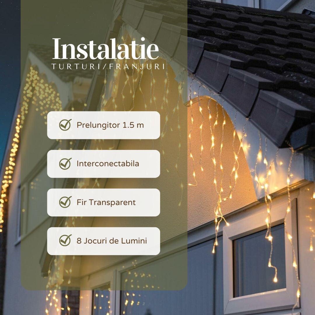 Instalatie Craciun Yoto, Tip Franjuri/Turturi, 7 m, 200 LED-uri, Prelungitor 1.5 m, 8 Jocuri de Lumini, Interconectabila, Conectare la Retea, Fir transparent, Interior/Exterior, Alb Cald - vivimall.ro