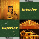 Instalatie Craciun Yoto, Tip Franjuri/Turturi, 7 m, 200 LED-uri, Prelungitor 1.5 m, 8 Jocuri de Lumini, Interconectabila, Conectare la Retea, Fir transparent, Interior/Exterior, Alb Cald - vivimall.ro