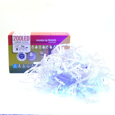 Instalatie Craciun Yoto, Tip Franjuri/Turturi, 7 M, 200 Led-Uri, Prelungitor 1.5 M, 8 Jocuri De Lumini, Interconectabila, Conectare La Retea, Fir, Interior/Exterior, Albastru - vivimall.ro