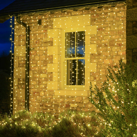 Instalatie Craciun Yoto, Tip Perdea, 3 m x 3 m, 320 LED-uri, Prelungitor 1.5 m, 8 Jocuri de Lumini, Interconectabila, Fir transparent, Interior/Exterior, Alb Cald - vivimall.ro