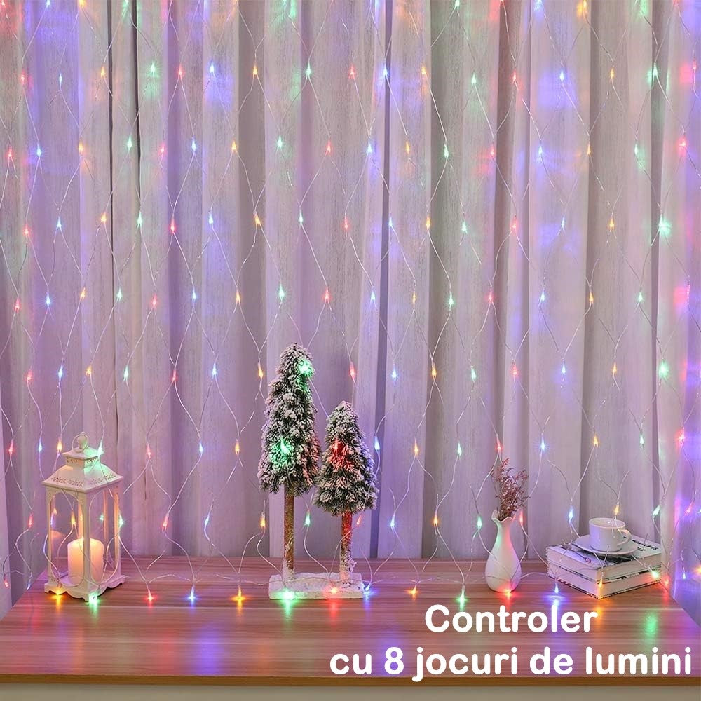 Plasă luminoasă Yoto Crăciun multicolor, 8 jocuri de lumini, detaliu LED-uri aprinse