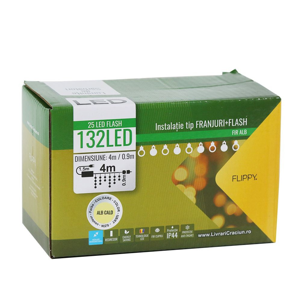Instalatie De Craciun, Basic, Tip Turturi / Franjuri Cu Flash, 4 M, 132 Led-Uri, Interconectabila
