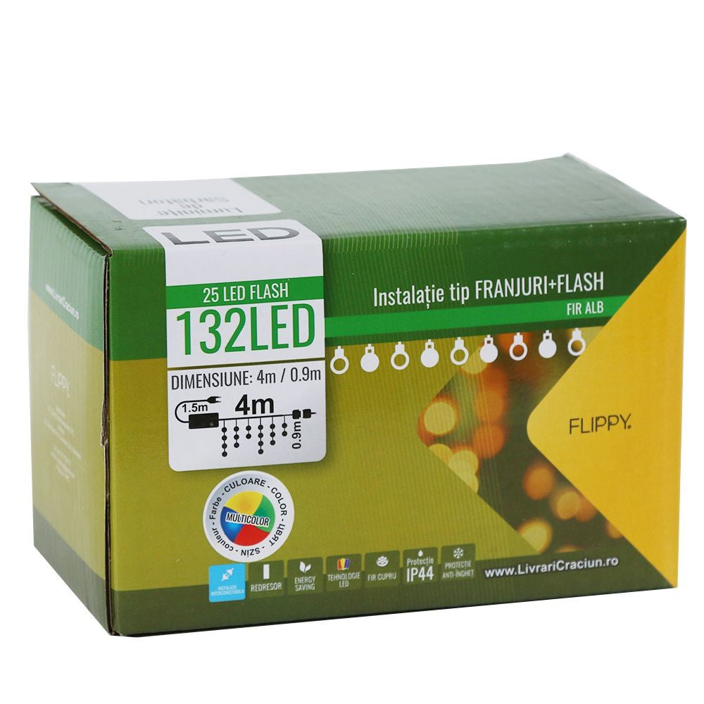 Instalatie De Craciun, Basic, Tip Turturi / Franjuri Cu Flash, 4 M, 132 Led-Uri, Interconectabila