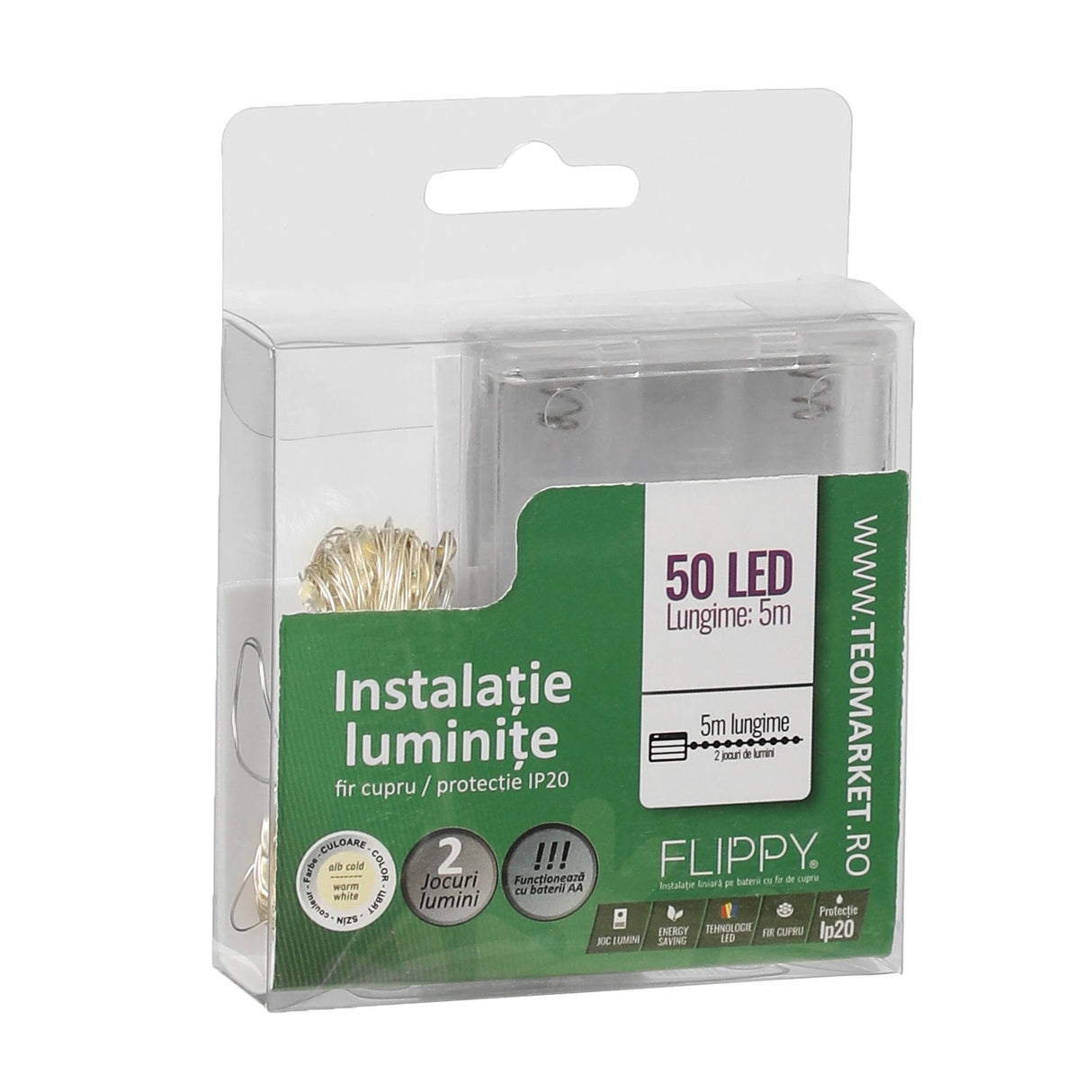 Instalatie De Craciun, Liniara, 5 M, Baterii, 50 Led-Uri, Fir Cupru, 2 Jocuri De Lumini, Interior/Exterior