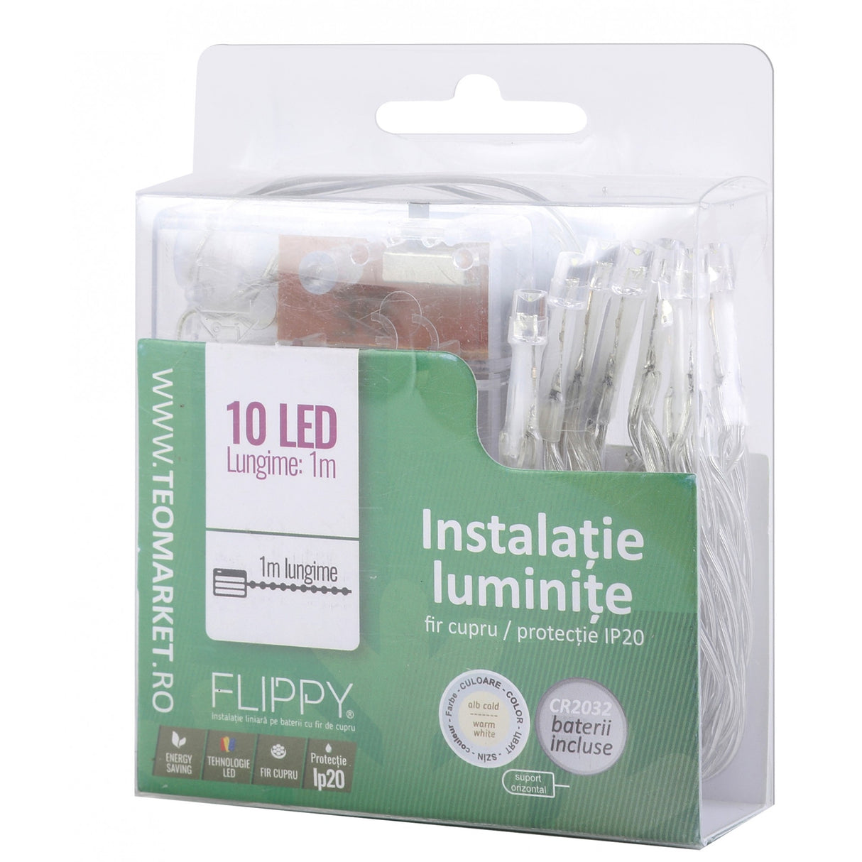 Instalatie De Craciun Cu Baterii Tip Liniar, 2 Jocuri De Lumini, Fir 1 M 10 Led -Uri, Alb Rece