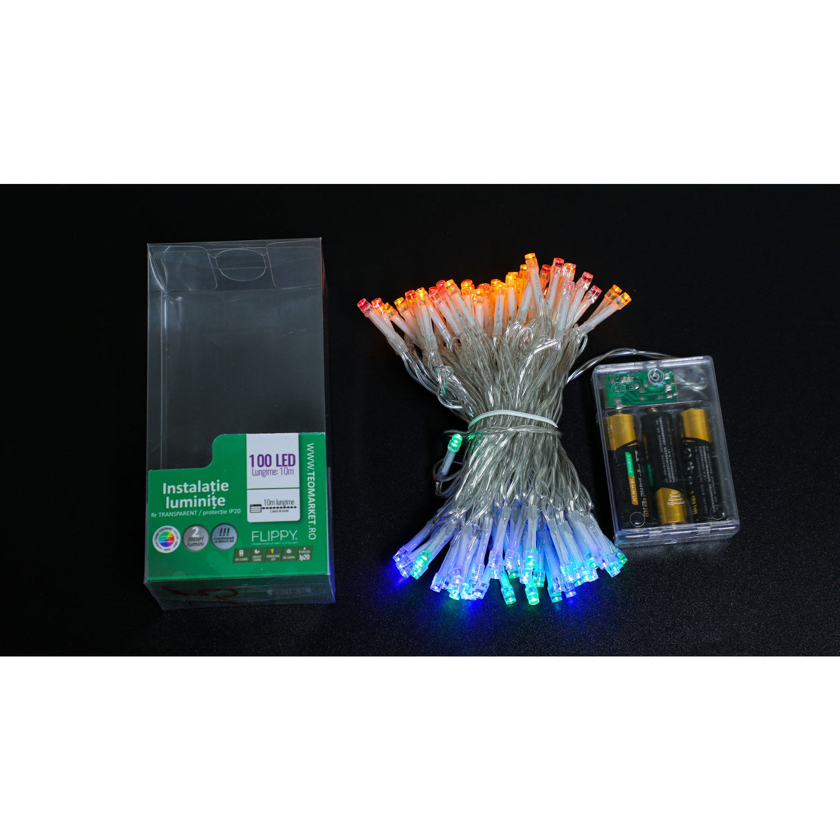 Instalatie De Craciun Cu Baterii Tip Liniar, 2 Jocuri De Lumini, Fir 10 M 100 Led -Uri, Multicolor