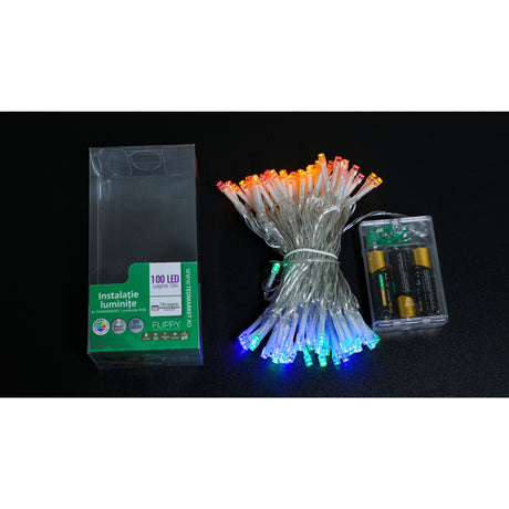 Instalatie de Craciun cu Baterii Tip Liniar, 2 jocuri de lumini, Fir Transparent 10 m 100 LED -uri, Multicolor, Resigilat - vivimall.ro