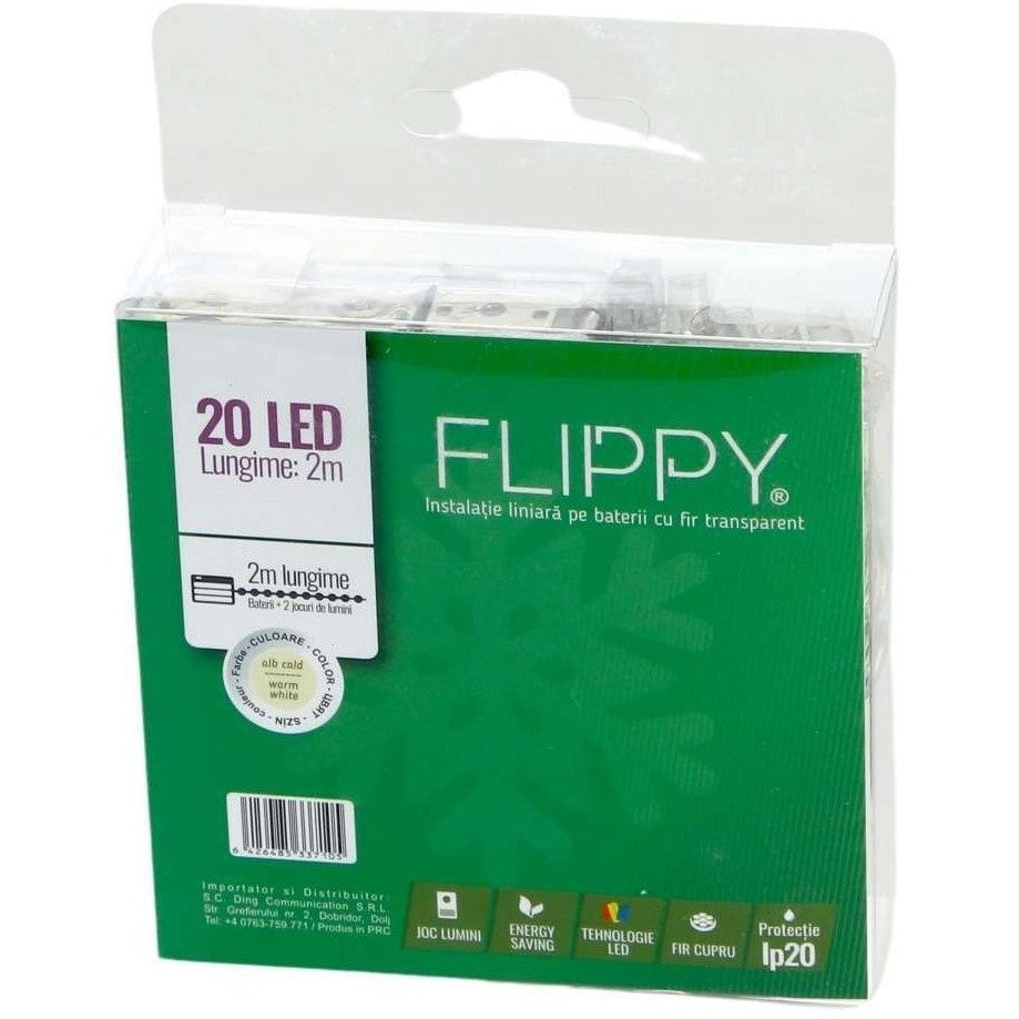 Instalatie De Craciun Cu Baterii Tip Liniar, 2 Jocuri De Lumini, Fir 2 M 20 Led -Uri, Alb Cald