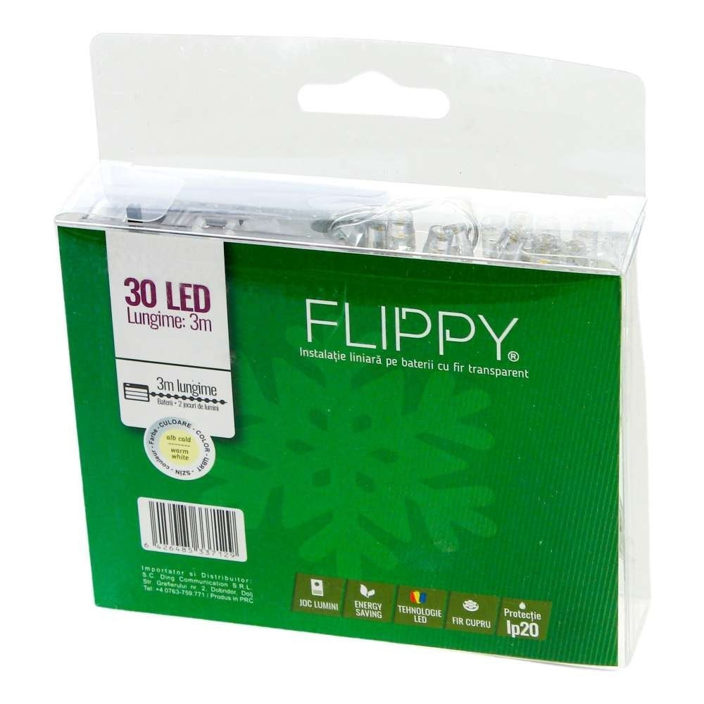 Instalatie De Craciun Cu Baterii Tip Liniar, 2 Jocuri De Lumini, Fir 3 M 30 Led -Uri, Alb Cald