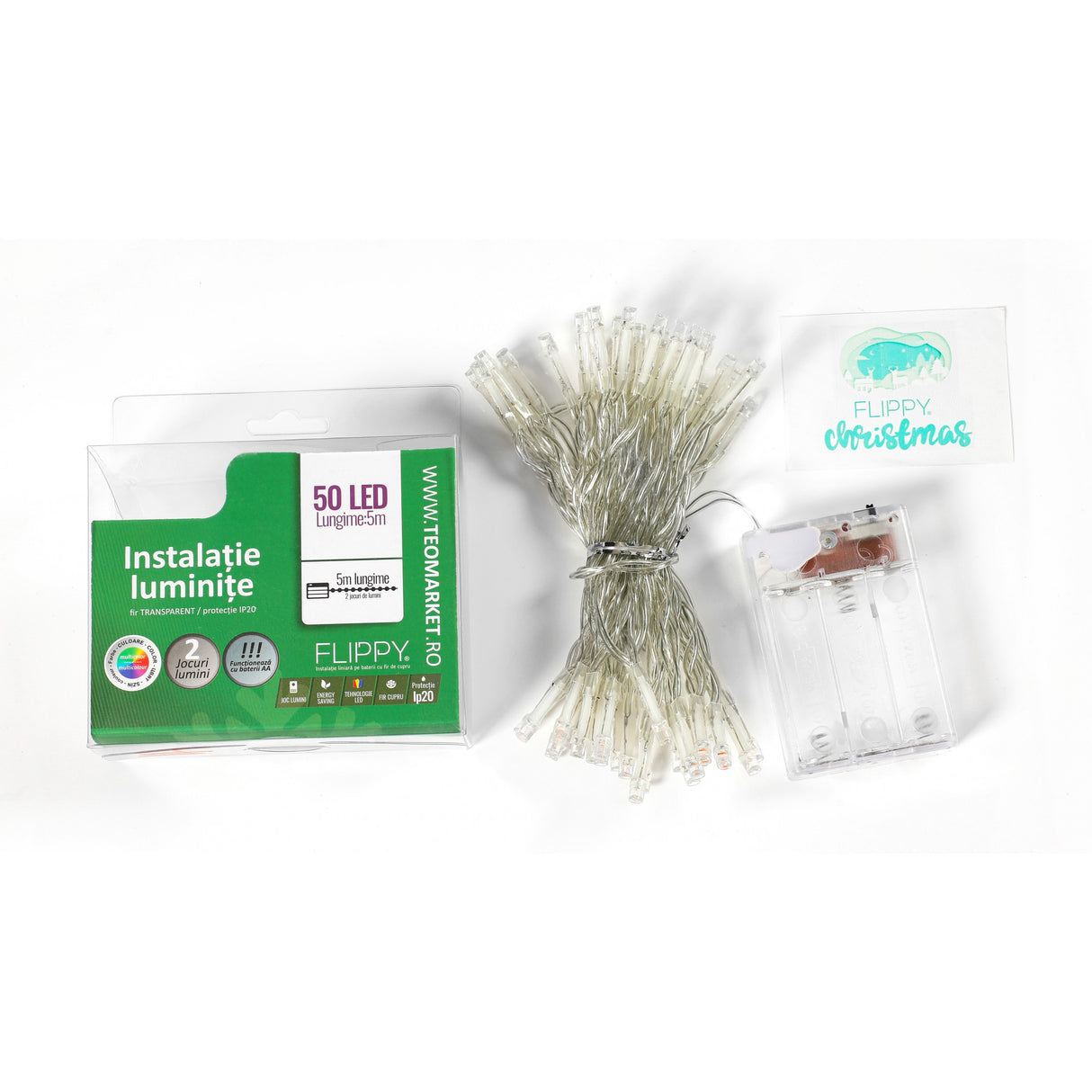 Instalatie De Craciun Cu Baterii Tip Liniar, 2 Jocuri De Lumini, Fir 5 M 50 Led -Uri, Multicolor