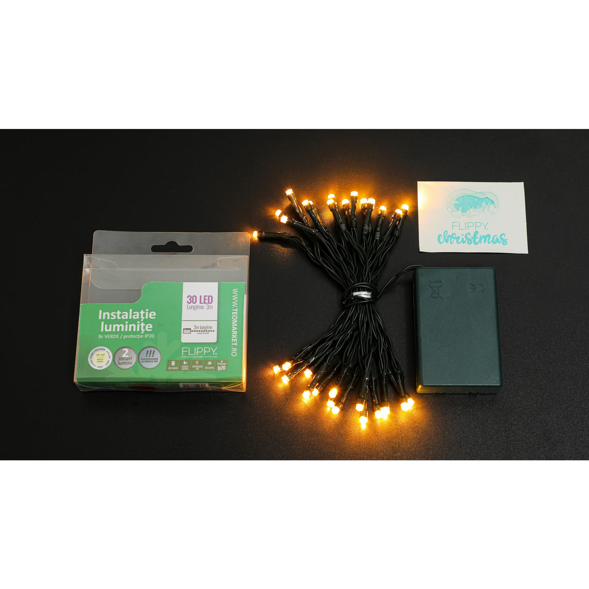 Instalatie De Craciun Cu Baterii Tip Liniar, 2 Jocuri De Lumini, Fir 3 M 30 Led -Uri, Alb Cald