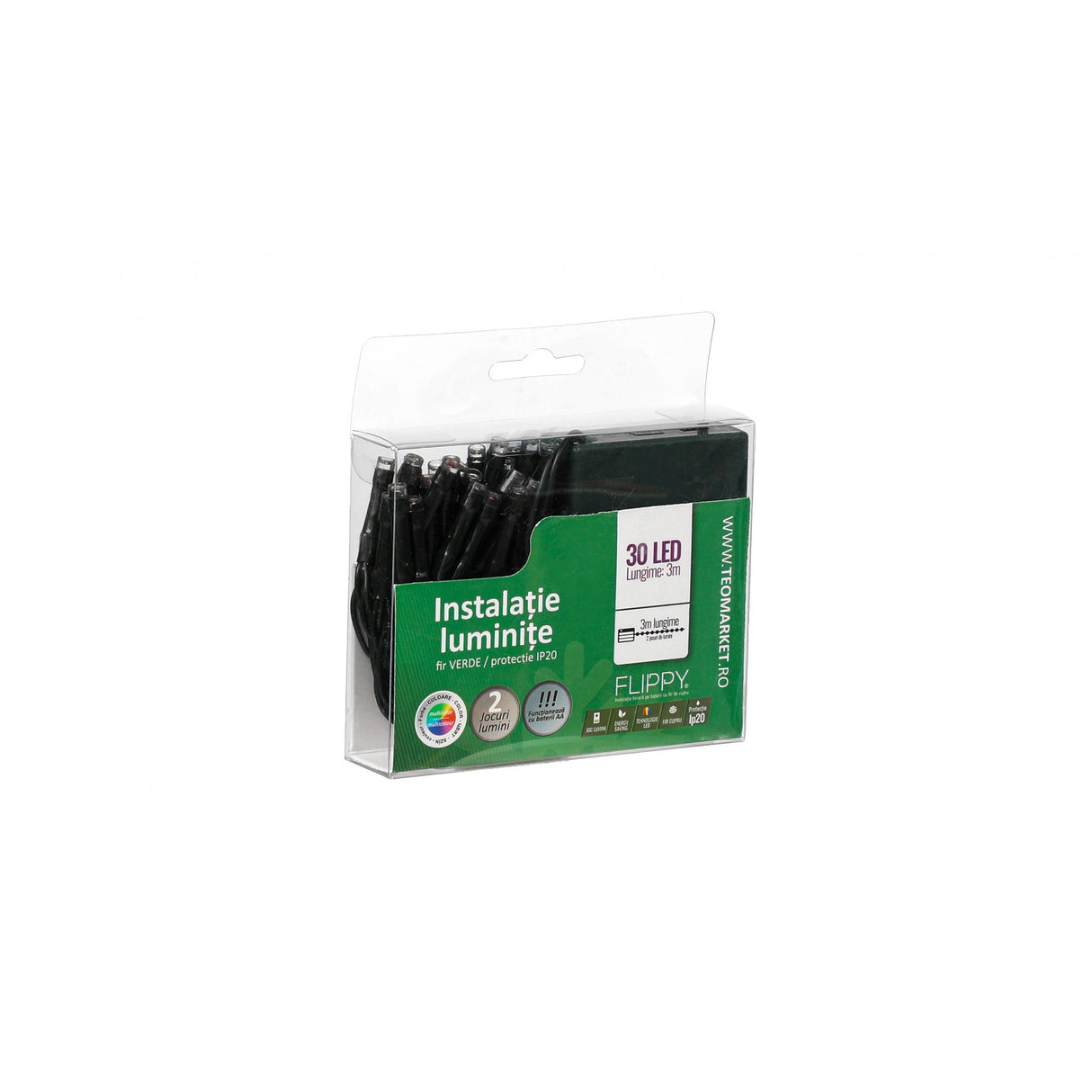 Instalatie De Craciun Cu Baterii Tip Liniar, 2 Jocuri De Lumini, Fir Verde 3 M 30 Led -Uri