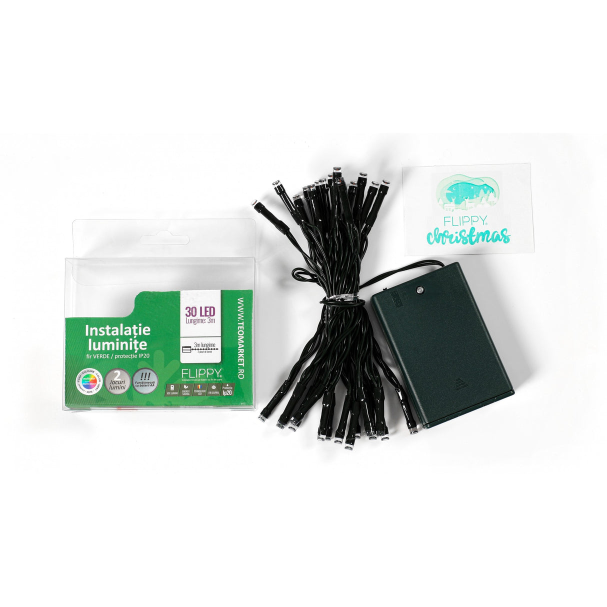 Instalatie De Craciun Cu Baterii Tip Liniar, 2 Jocuri De Lumini, Fir Verde 3 M 30 Led -Uri