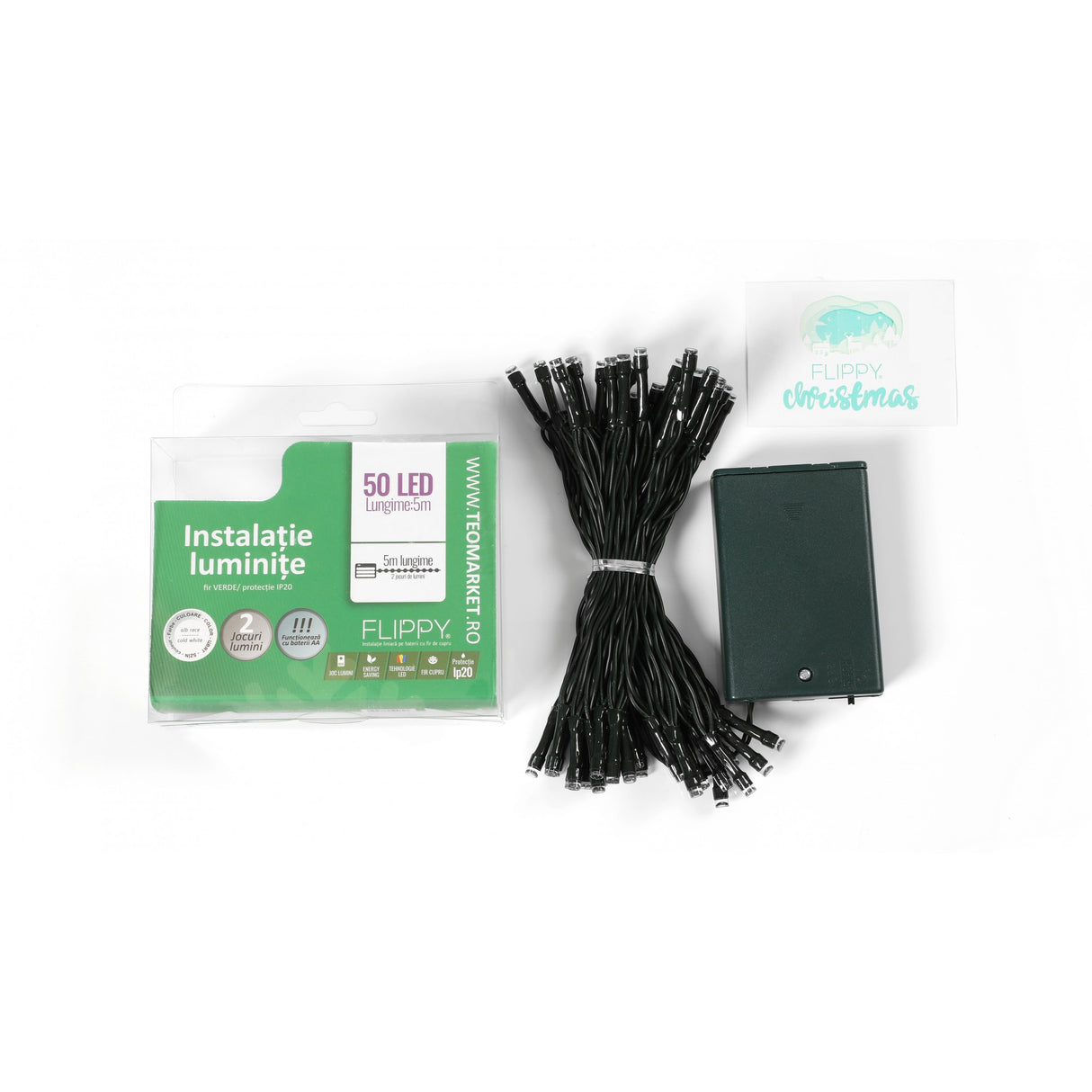Instalatie De Craciun Cu Baterii Tip Liniar, 2 Jocuri De Lumini, Fir 5 M 50 Led -Uri, Alb Rece