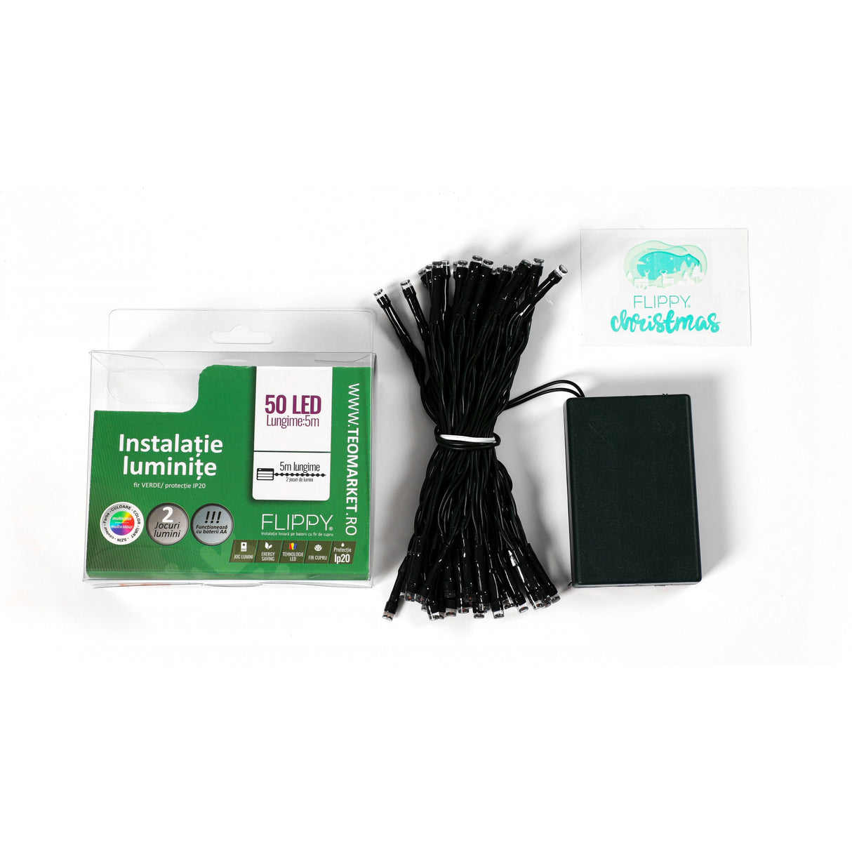 Instalatie De Craciun Cu Baterii Tip Liniar, 2 Jocuri De Lumini, Fir Verde 5 M 50 Led -Uri