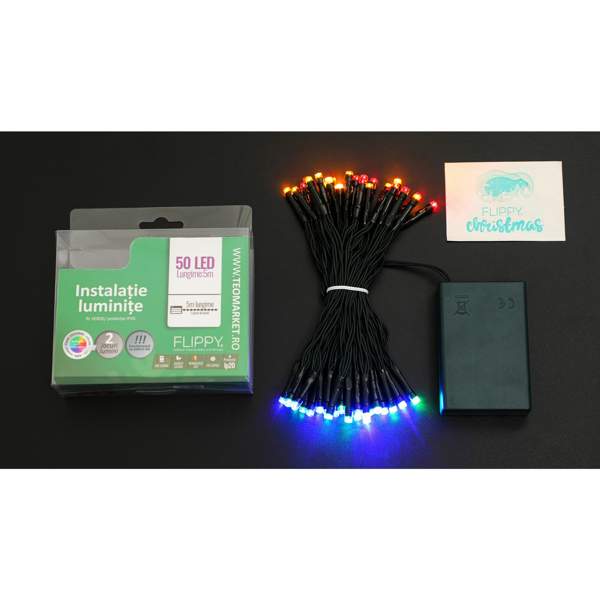 Instalatie De Craciun Cu Baterii Tip Liniar, 2 Jocuri De Lumini, Fir Verde 5 M 50 Led -Uri