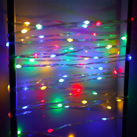 Instalatie de Craciun Vivimall, liniara, cu 200 micro LED-uri, 20 m, 220V, conectare la retea, cu 8 jocuri de lumini, interior/exterior, fir transparent, 3 fire cupru, multicolora - vivimall.ro