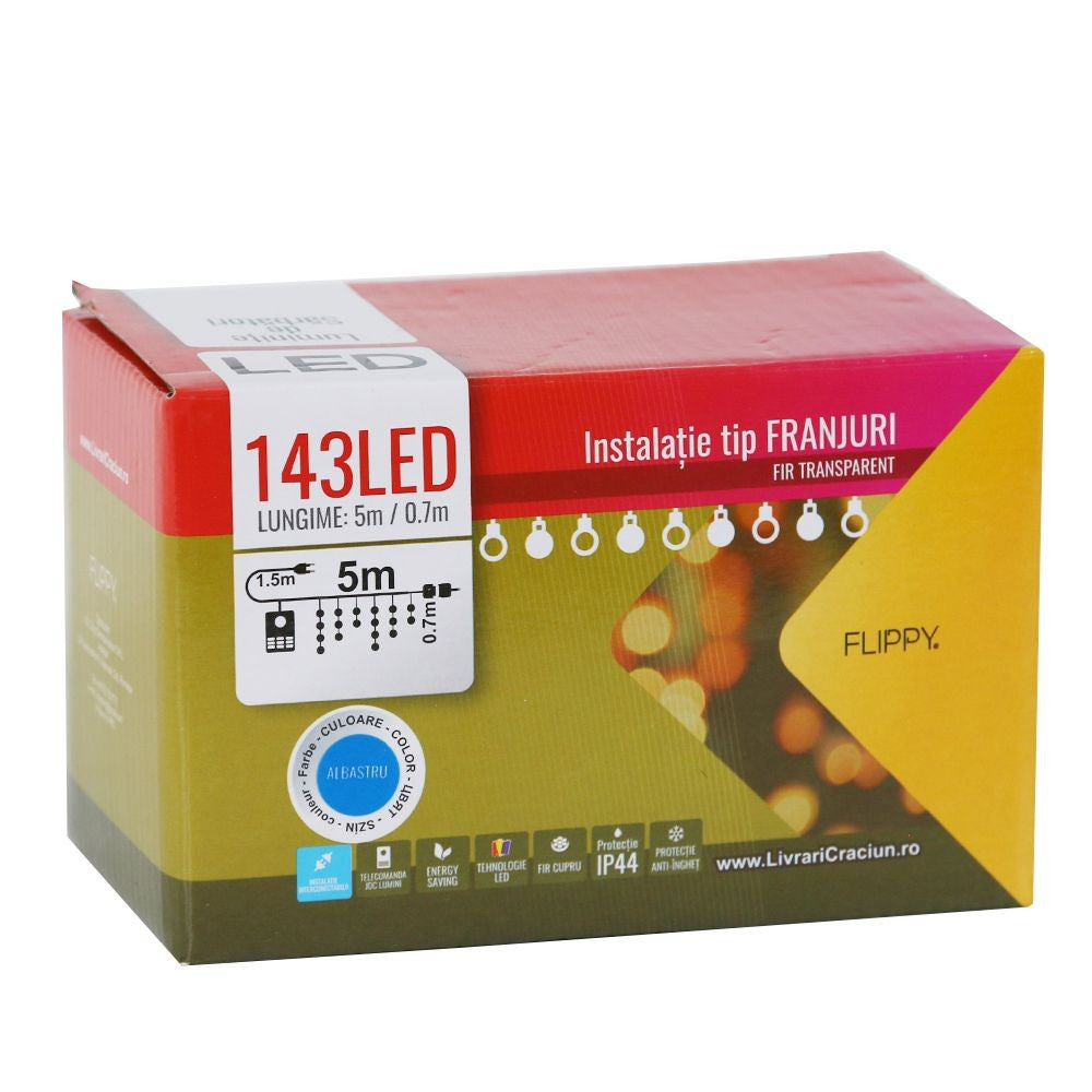 Instalatie de Craciun, Flippy®, Tip Franjuri, 5 m, 143 LED-uri, Interconectabila, Albastru - vivimall.ro