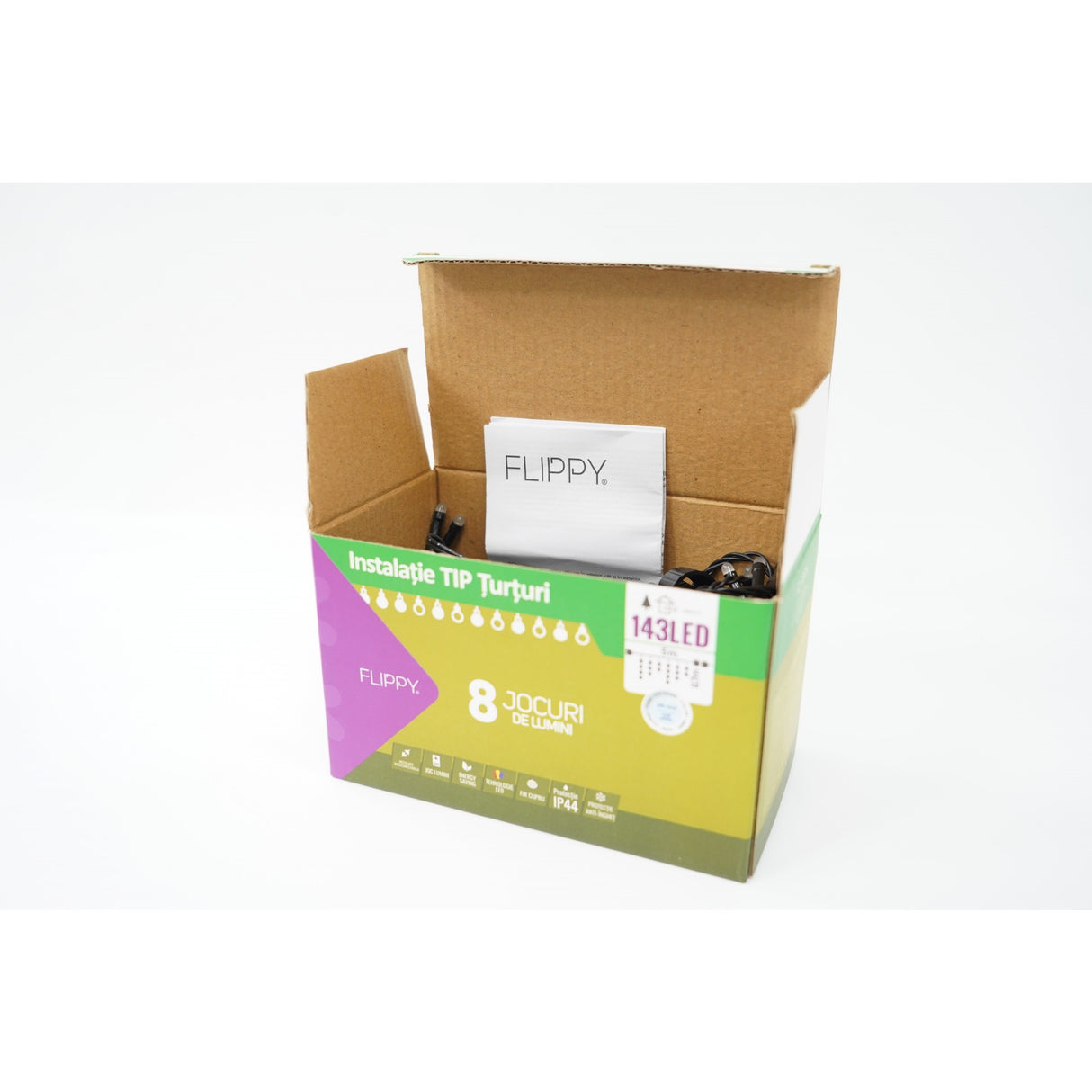 Instalatie de Craciun Flippy® Tip Franjuri, 8 jocuri de lumini, Sectiune 5 m, 143 LED-uri, Interconectabila, Fir Negru, Alb Rece - vivimall.ro