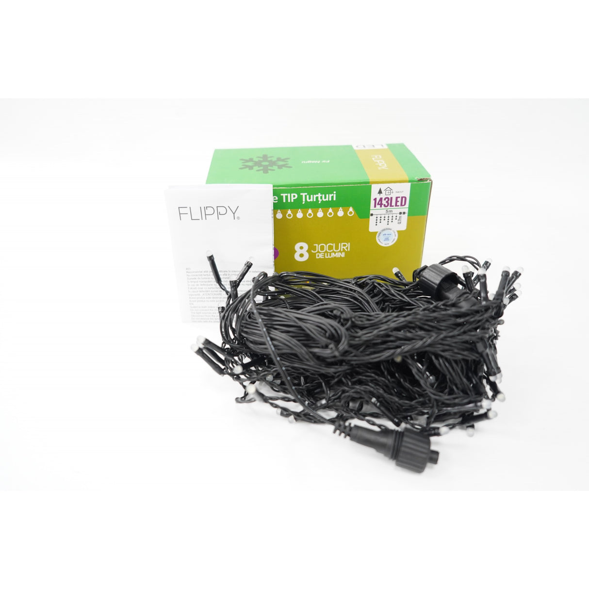 Instalatie de Craciun Flippy® Tip Franjuri, 8 jocuri de lumini, Sectiune 5 m, 143 LED-uri, Interconectabila, Fir Negru, Alb Rece - vivimall.ro