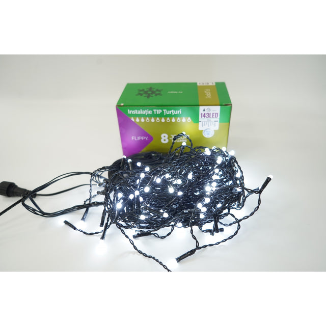 Instalatie de Craciun Flippy® Tip Franjuri, 8 jocuri de lumini, Sectiune 5 m, 143 LED-uri, Interconectabila, Fir Negru, Alb Rece - vivimall.ro