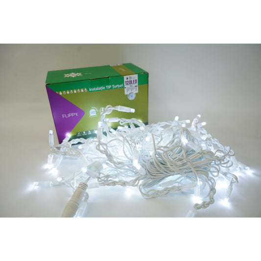 Instalatie de Craciun Flippy® Tip Franjuri cu Flash, IP65, Sectiune 5 m, 120 LED-uri, Interconectabila, Fir Alb, Alb Rece, Atentie! Nu contine Alimentator - vivimall.ro