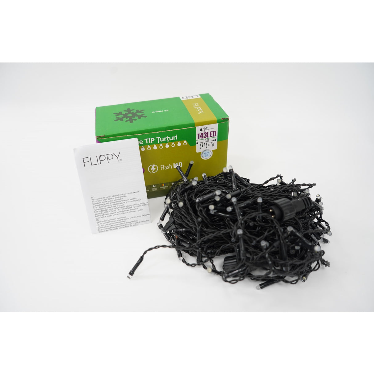 Sectiune Instalatie de Craciun, Flippy®, Tip Turturi, 5 m, 143 LED-uri, cu Flash, Fir Negru, Lumina Alb Rece, IP44, Interconectabila - vivimall.ro