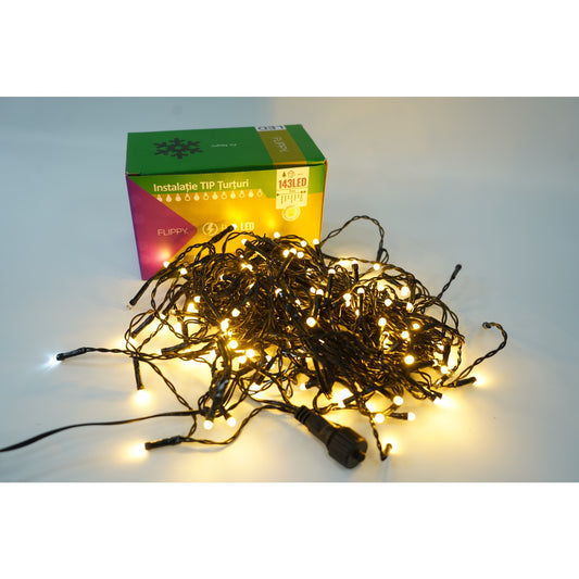 Instalatie de Craciun Flippy® Tip Franjuri cu Flash, Sectiune 5 m, 143 LED-uri, Interconectabila, Fir Negru, Alb Cald - vivimall.ro