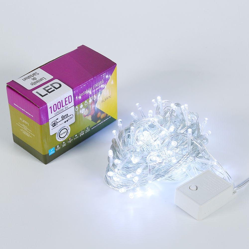 Instalatie de Craciun, Flippy®, Tip Liniara, 9 m, 100 LED-uri, Interconectabila, Alb Rece - vivimall.ro