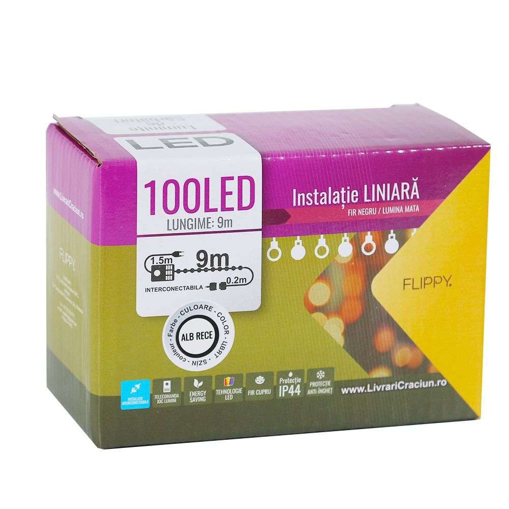 Instalatie de Craciun, Flippy®, Tip Liniara, 9 m, 100 LED-uri, Interconectabila, Lumina Mata, Alb Rece - vivimall.ro