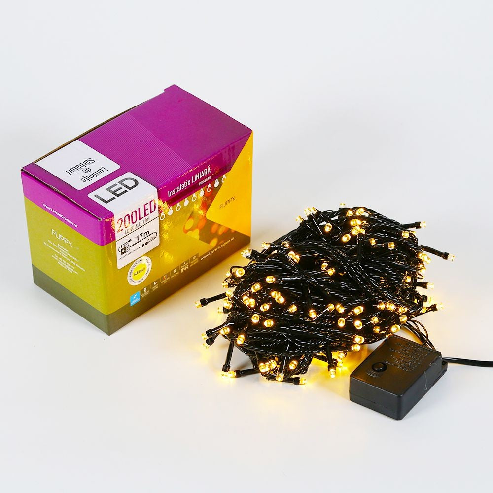 Instalatie De Craciun Tip Liniara, Fir, 17 M, 200 Led-Uri, Interconectabila, Alb Cald