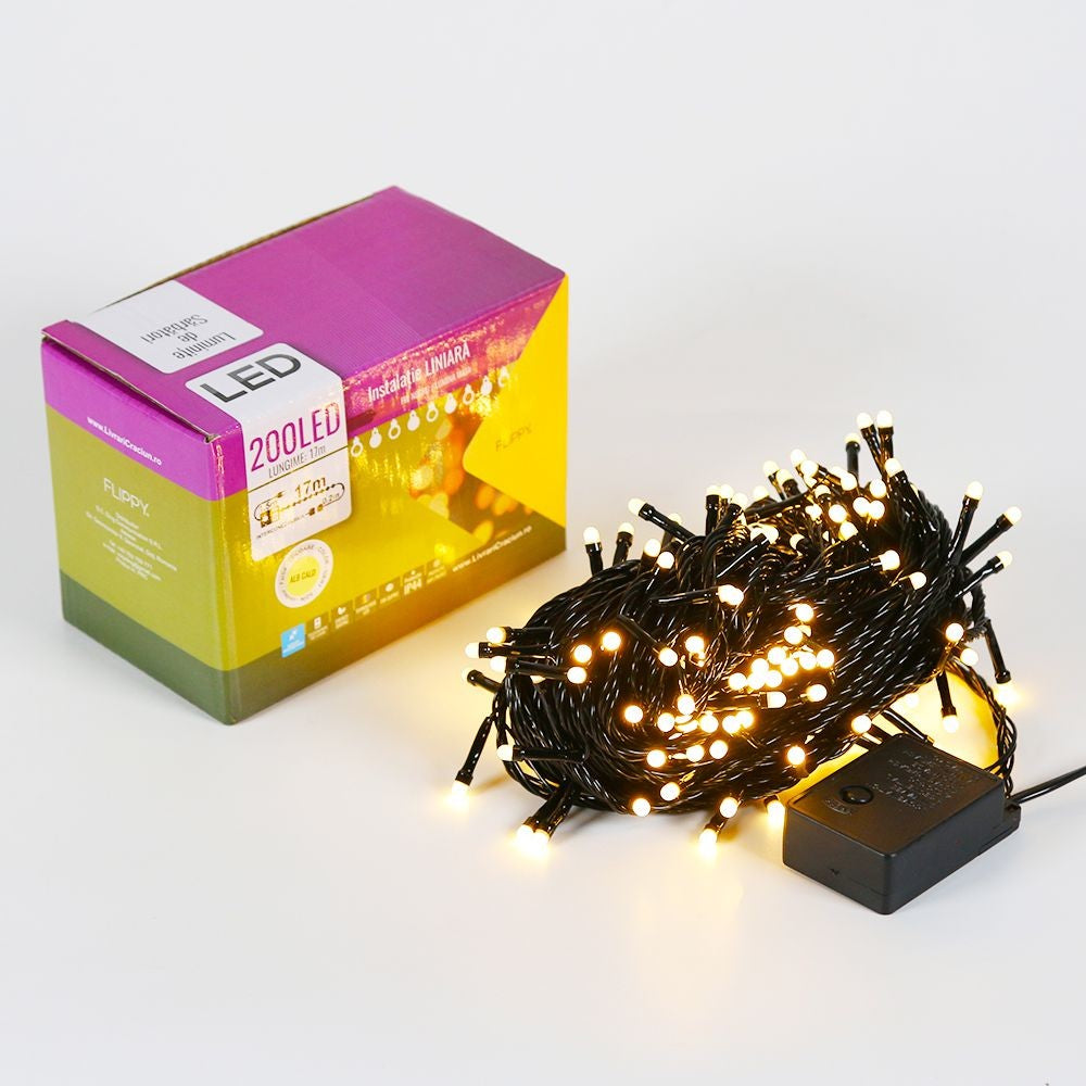Instalatie De Craciun Tip Liniara, Fir, 17 M, 200 Led-Uri Mici Rotunde, Interconectabila, Alb Cald