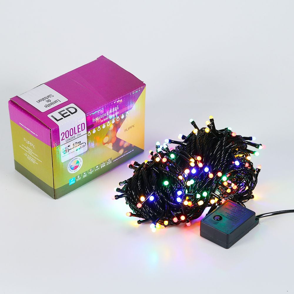 Instalatie De Craciun Tip Liniara, Fir Negru, 17 M, 200 Led-Uri Mici Rotunde, Interconectabila